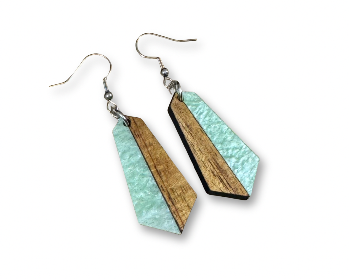 Acrylic and Koa Wood Earrings Apple Green Pearl