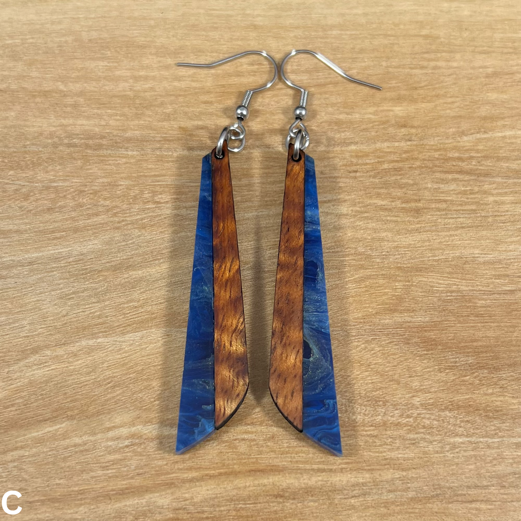 Acrylic and Koa Wood Earrings Blue Flame