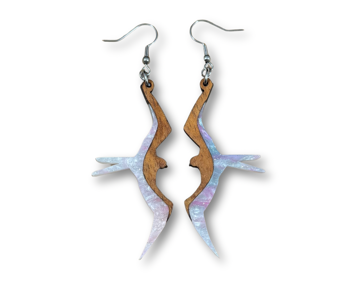 Koa and Acrylic Iwa Bird Earrings