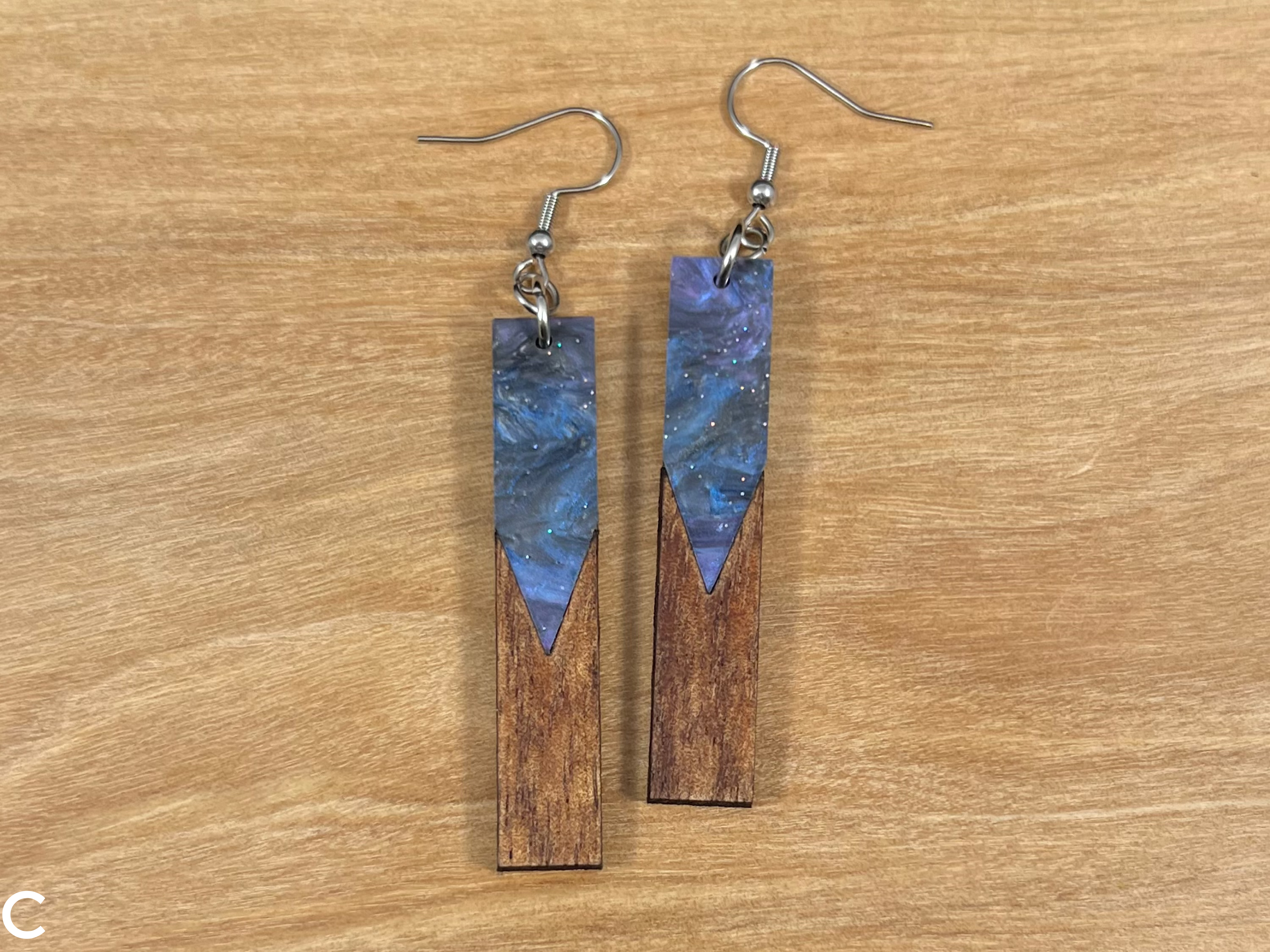 Acrylic and Koa Wood Earrings Purple Starry Sky