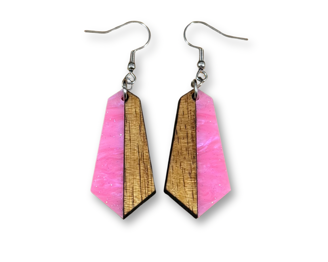 Acrylic and Koa Wood Earrings Hot Pink Pearl