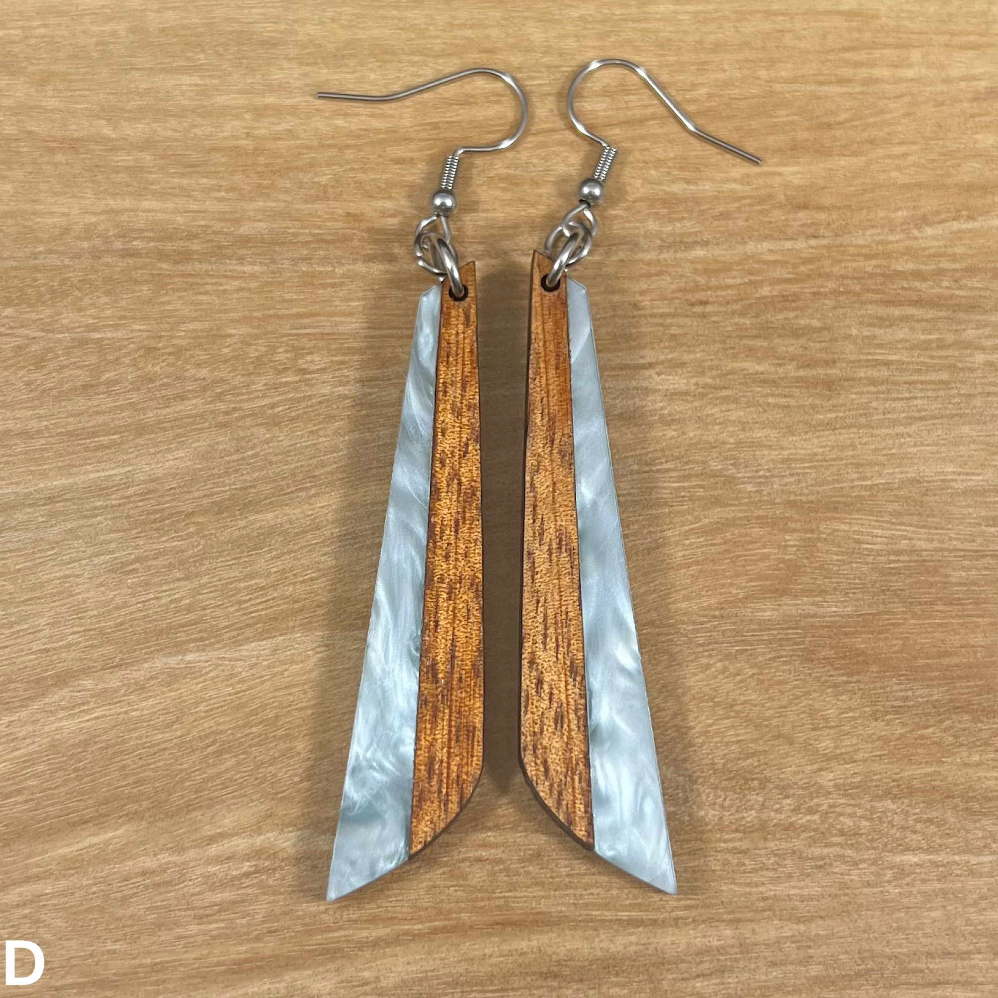 Acrylic and Koa Wood Earrings Light Blue Pearl