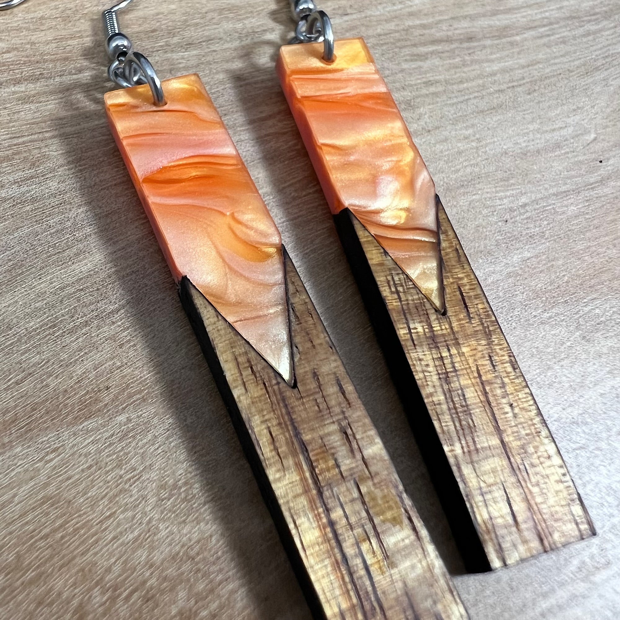 Acrylic and Koa Wood Earrings Orange Pearl