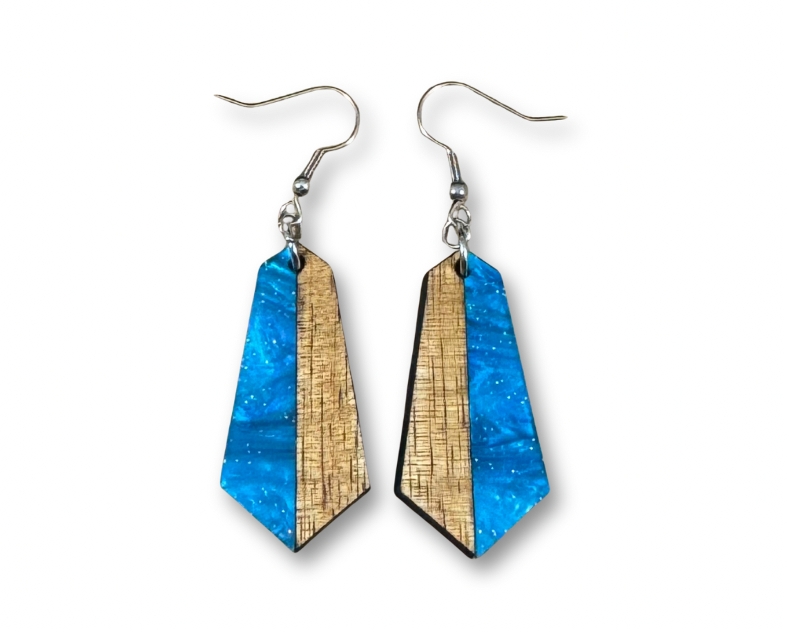 Acrylic and Koa Wood Earrings Cyan Blue Pearl