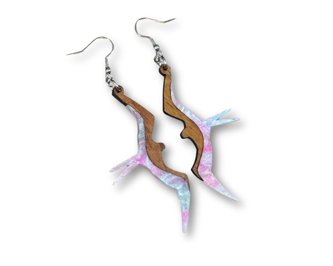 Koa and Acrylic Iwa Bird Earrings