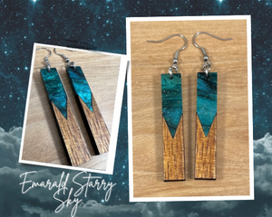 Acrylic and Koa Wood Earrings Emerald Starry Sky