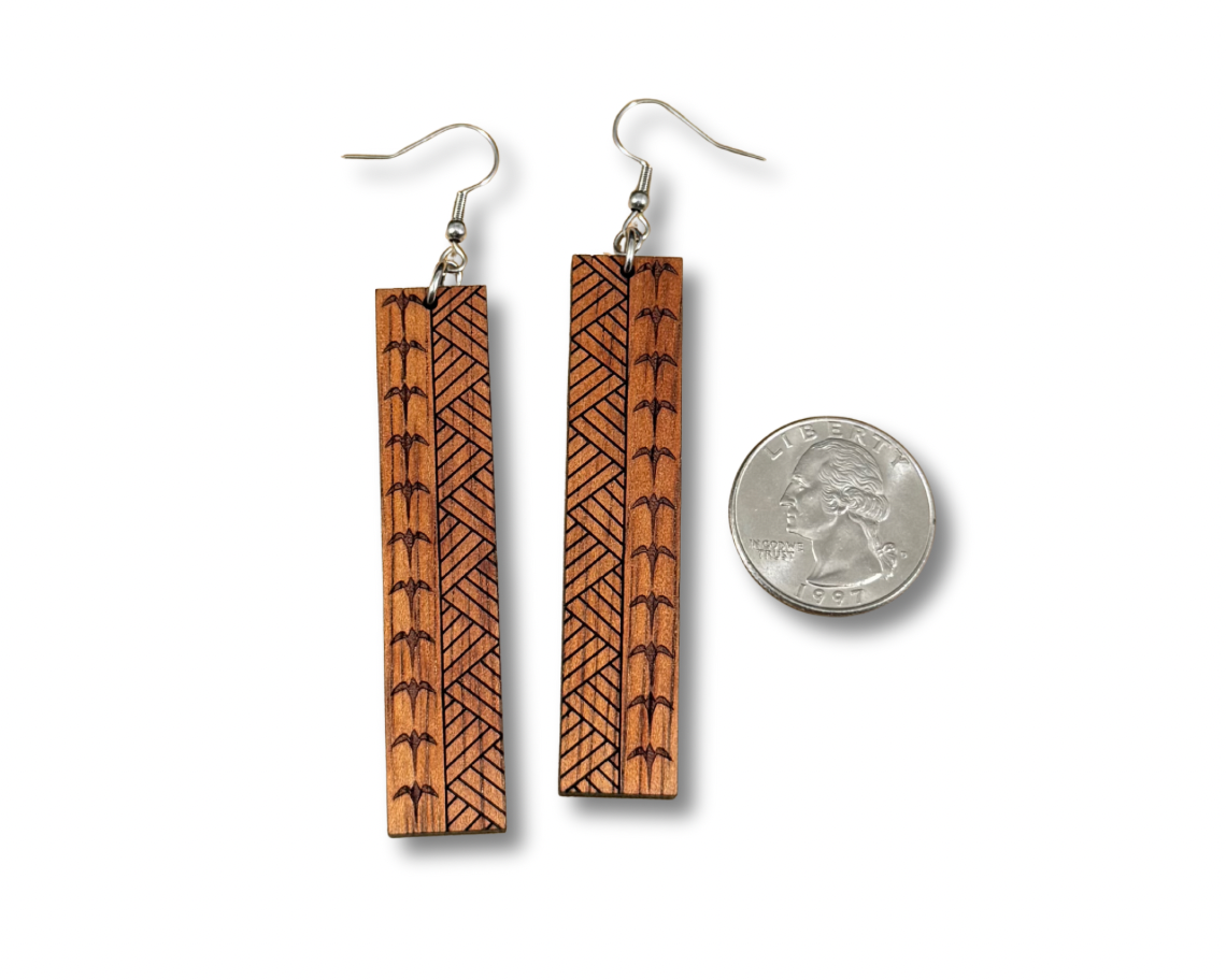 Engraved Koa Iwa and lauhala Earrings