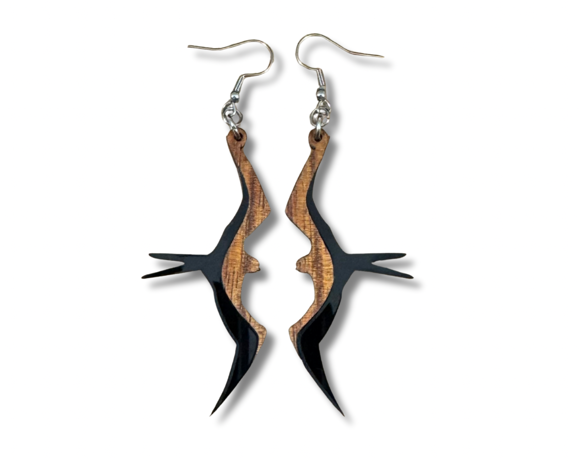 Koa and Acrylic Iwa Bird Earrings
