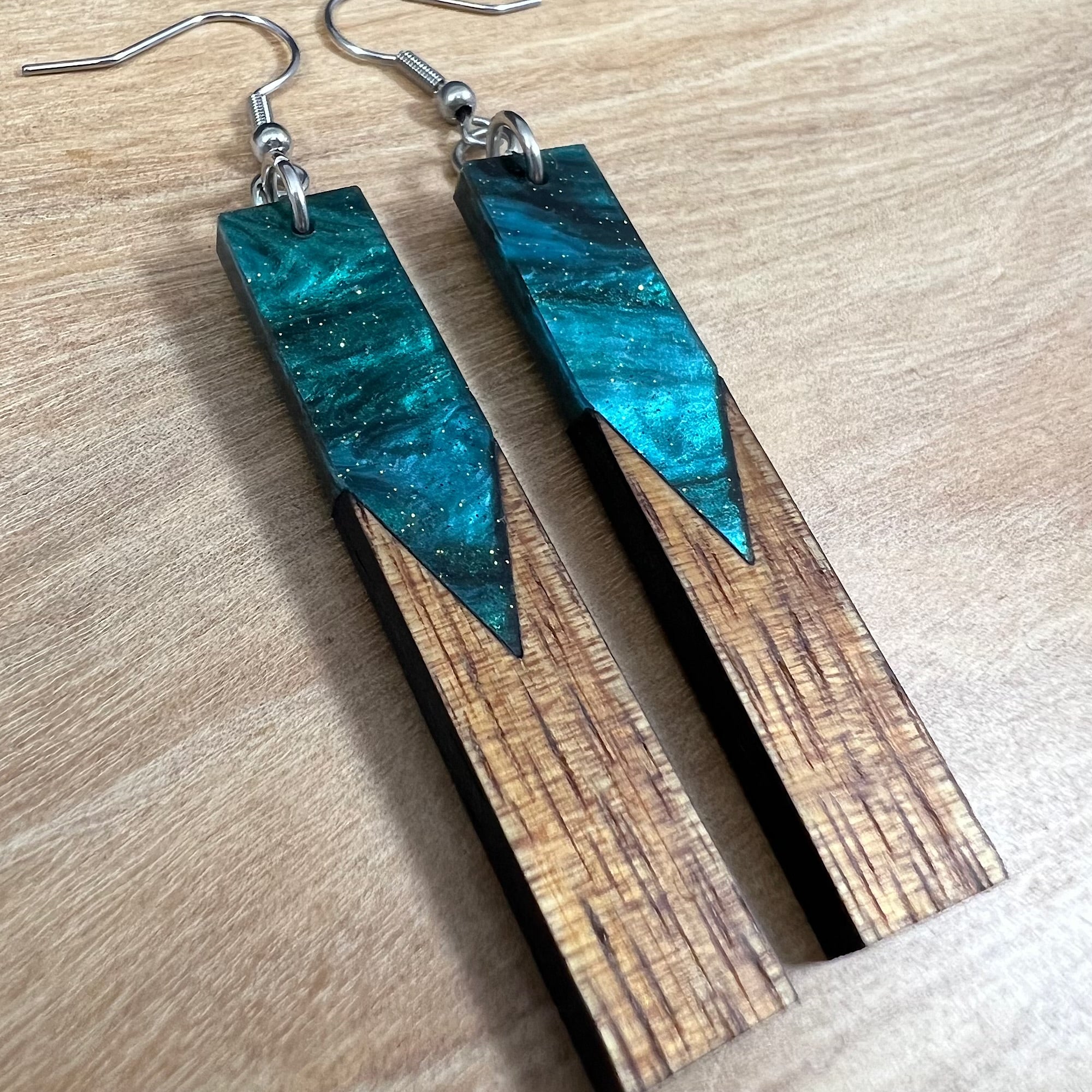 Acrylic and Koa Wood Earrings Emerald Starry Sky