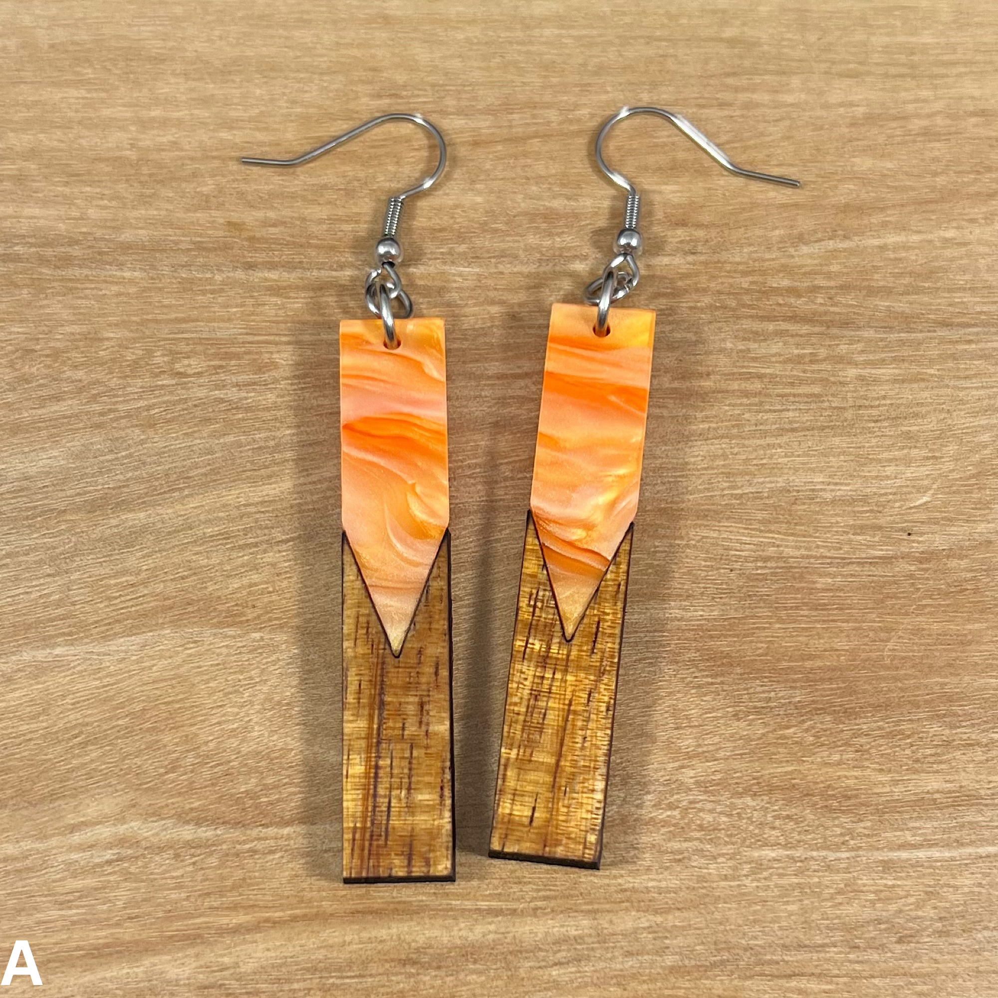 Acrylic and Koa Wood Earrings Orange Pearl