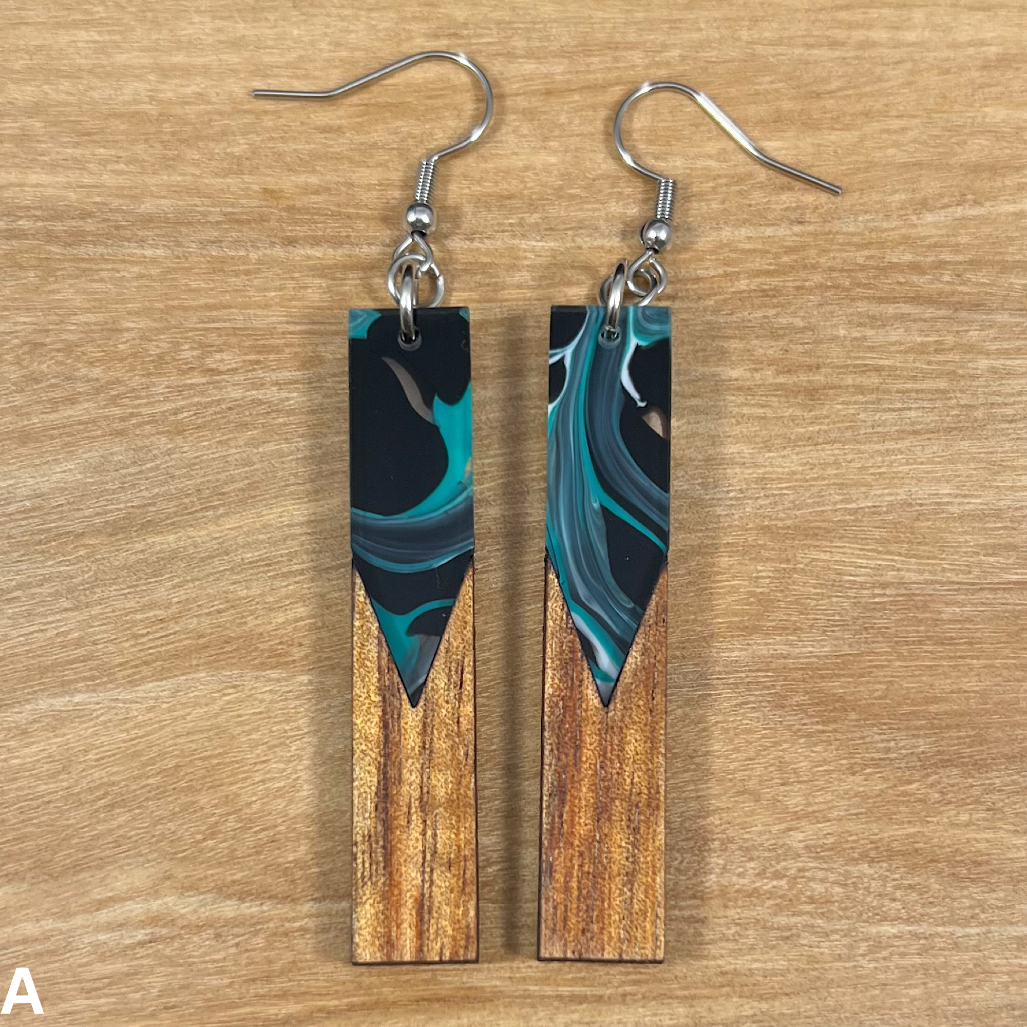 Acrylic and Koa Wood Earrings Teal Swirl