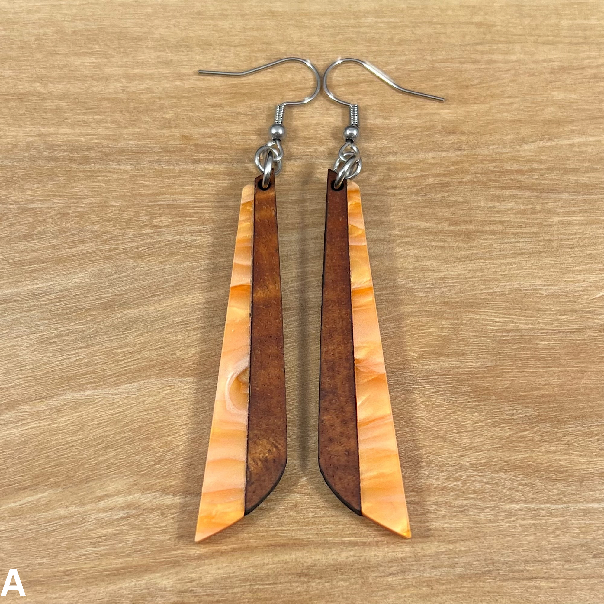 Acrylic and Koa Wood Earrings Orange Pearl