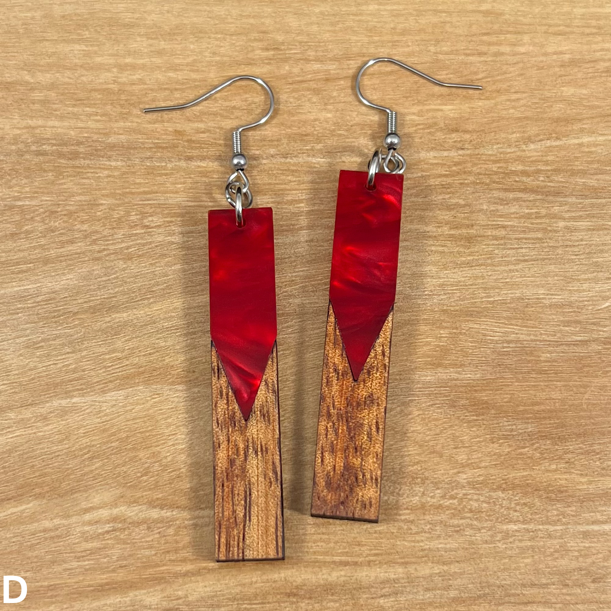 Acrylic and Koa Wood Earrings Red Pearl