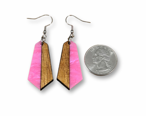 Acrylic and Koa Wood Earrings Hot Pink Pearl