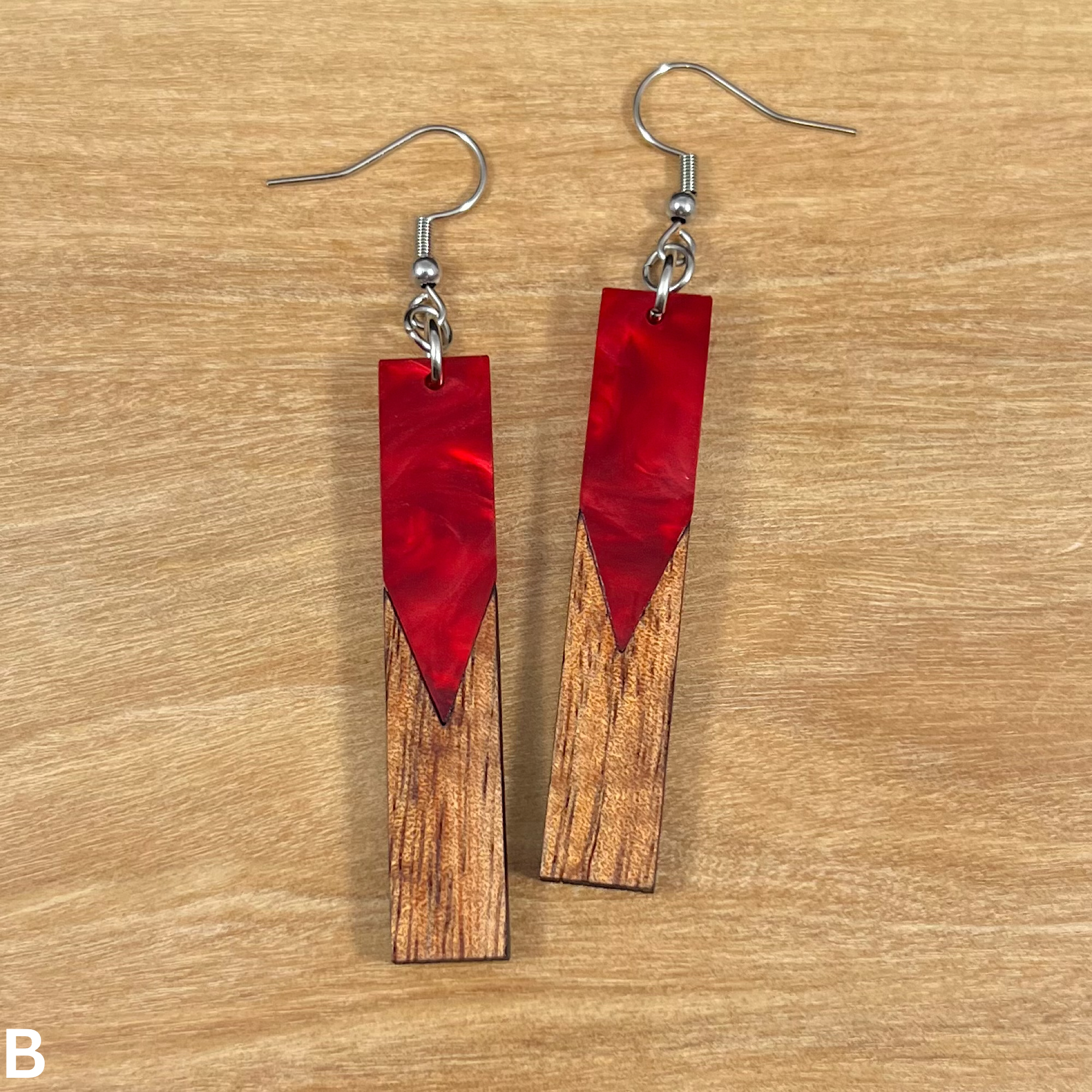 Acrylic and Koa Wood Earrings Red Pearl