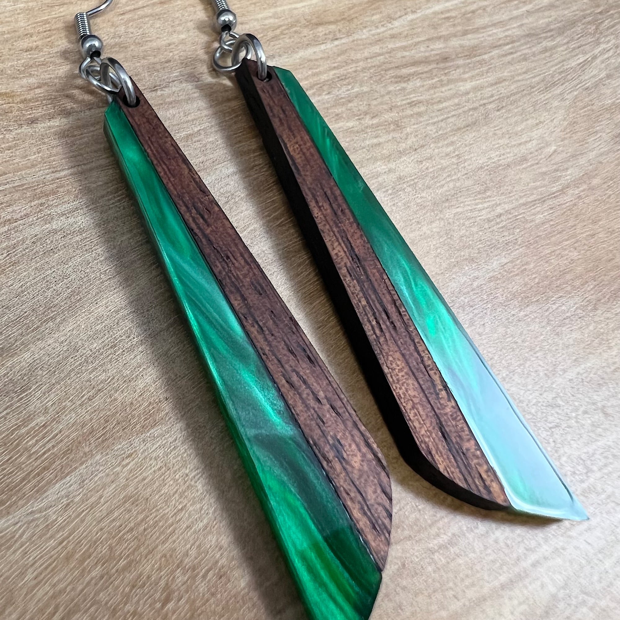 Acrylic and Koa Wood Earrings Green Pearl