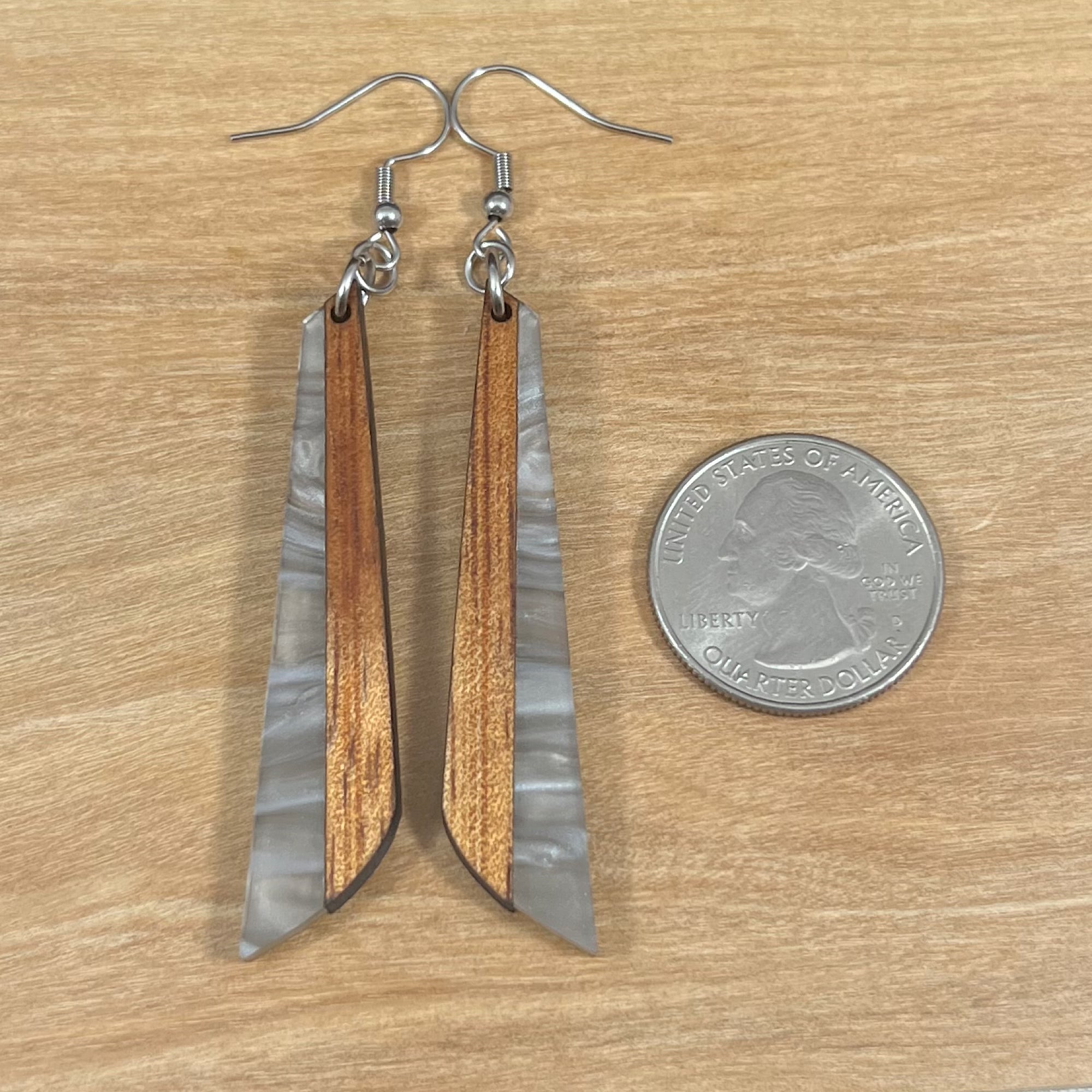 Acrylic and Koa Wood Earrings Gray Pearl