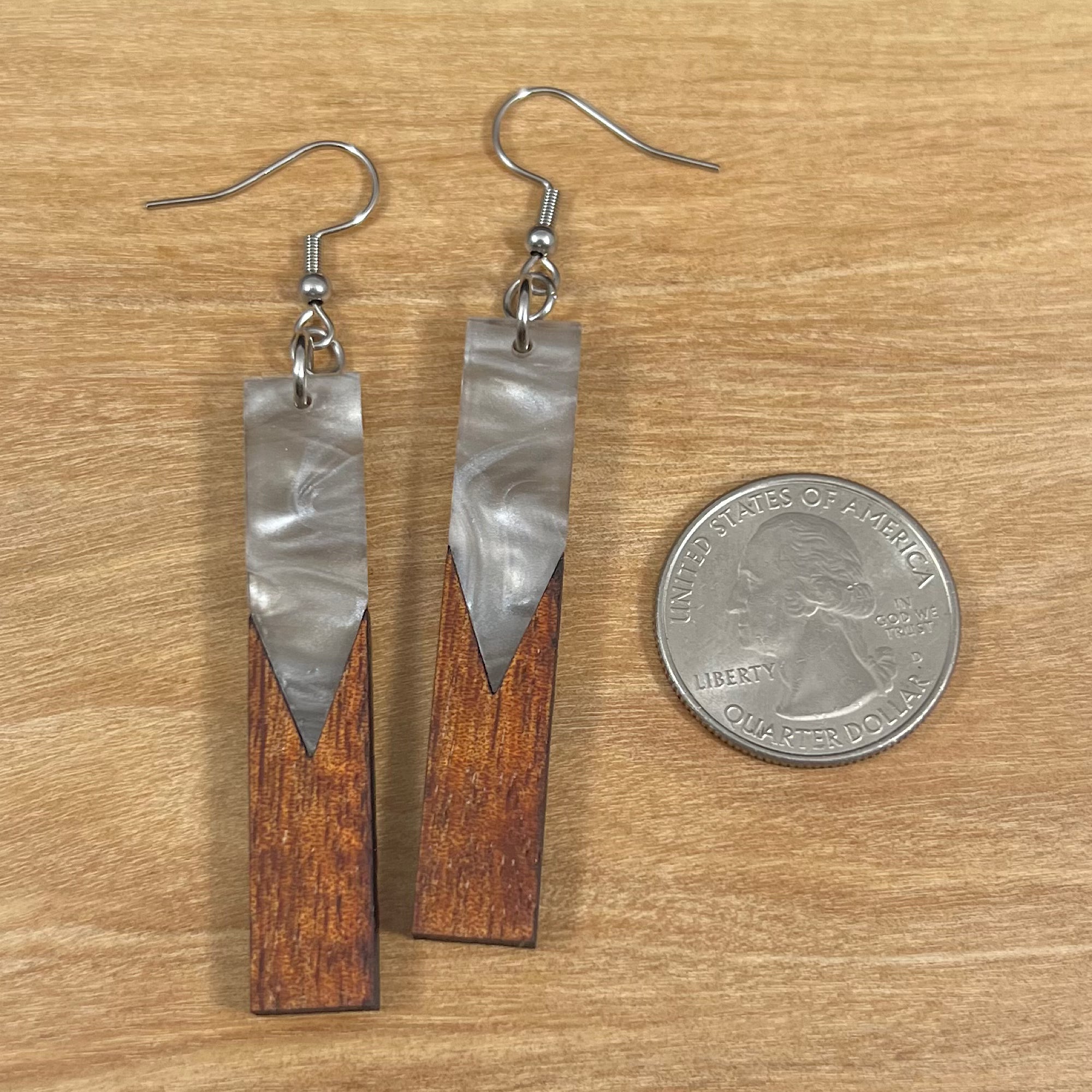 Acrylic and Koa Wood Earrings Gray Pearl