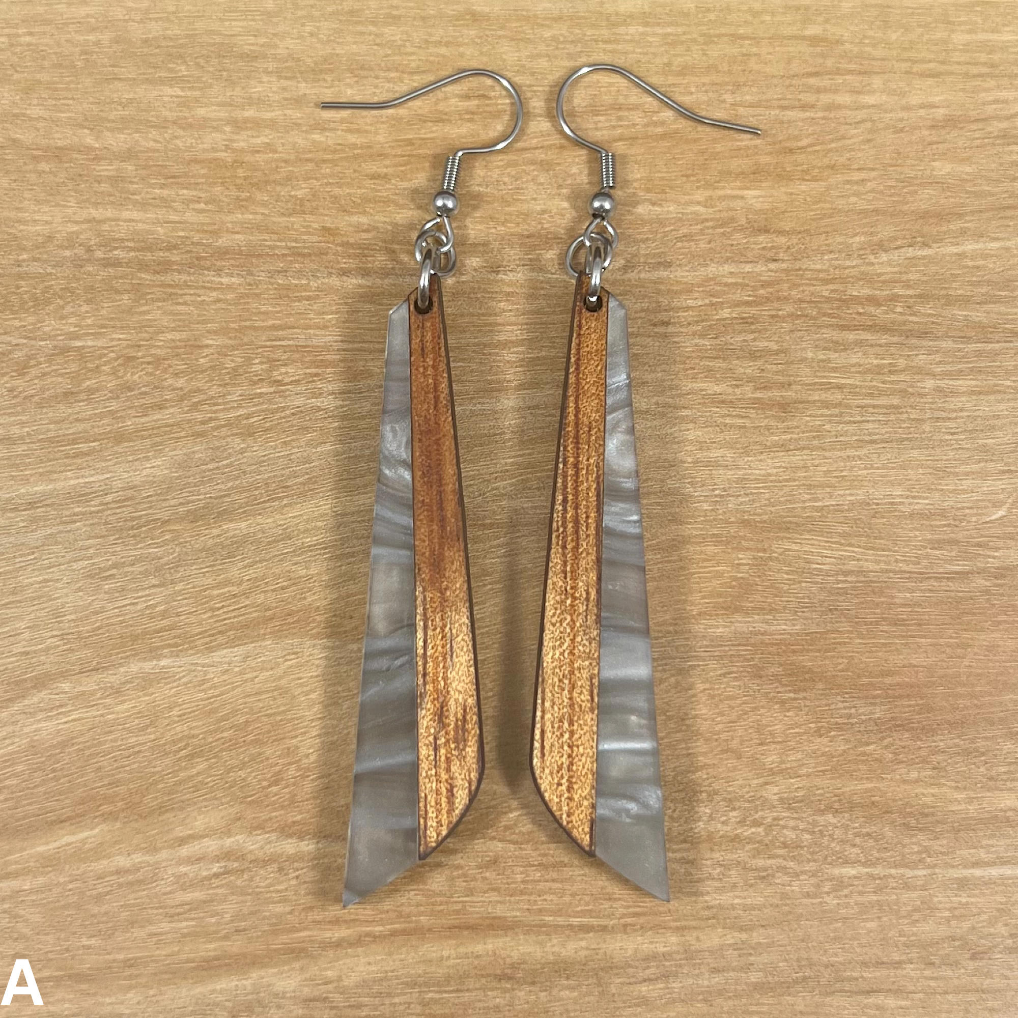 Acrylic and Koa Wood Earrings Gray Pearl