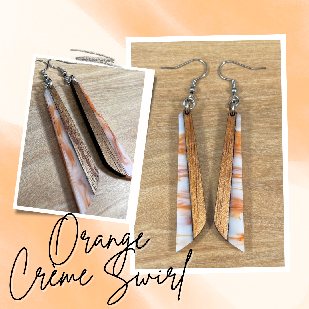 Acrylic and Koa Wood Earrings Orange Creme Swirl