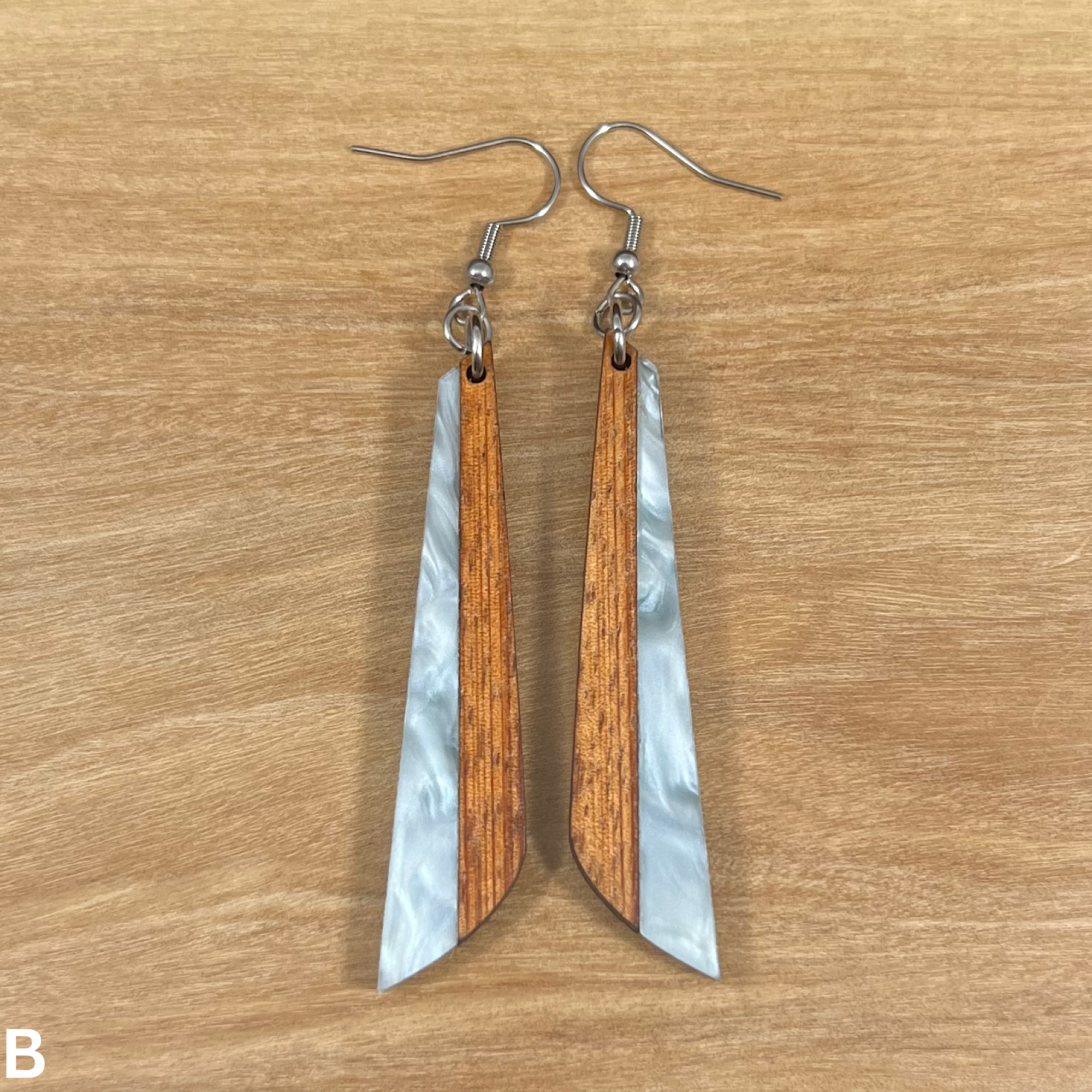 Acrylic and Koa Wood Earrings Light Blue Pearl