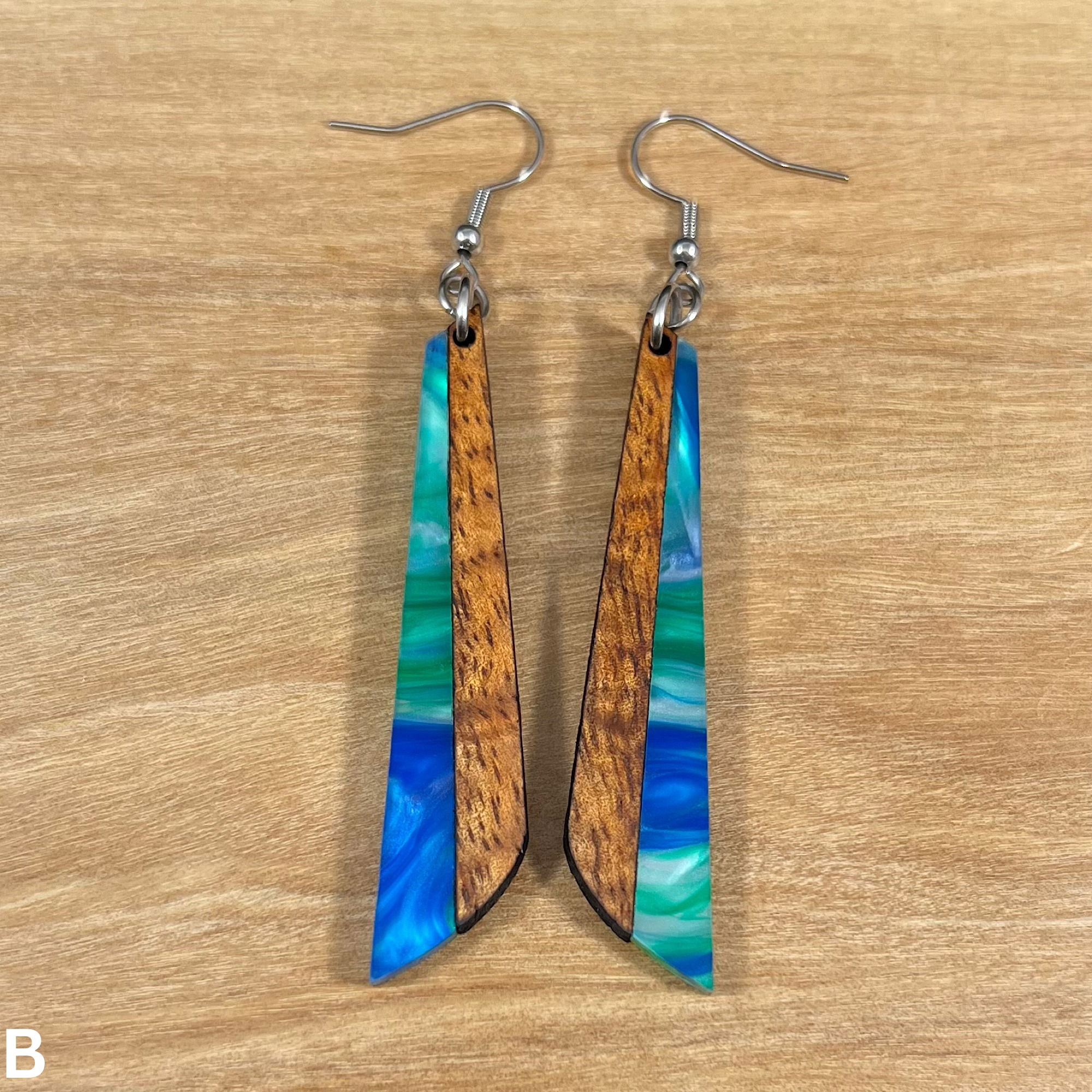 Acrylic and Koa Wood Earrings Lime Blue Pearl