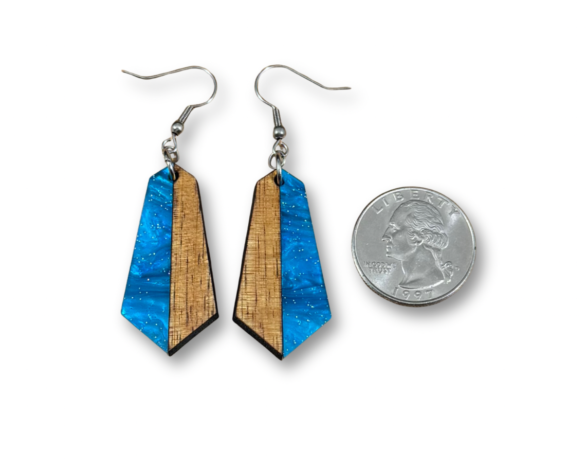 Acrylic and Koa Wood Earrings Cyan Blue Pearl