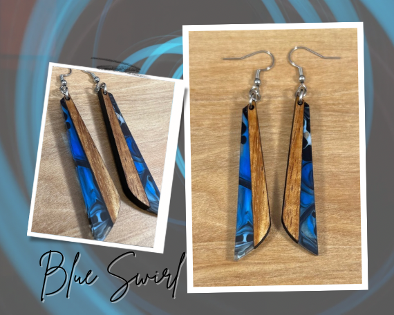 Acrylic and Koa Wood Earrings Blue Swirl