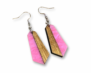 Acrylic and Koa Wood Earrings Hot Pink Pearl