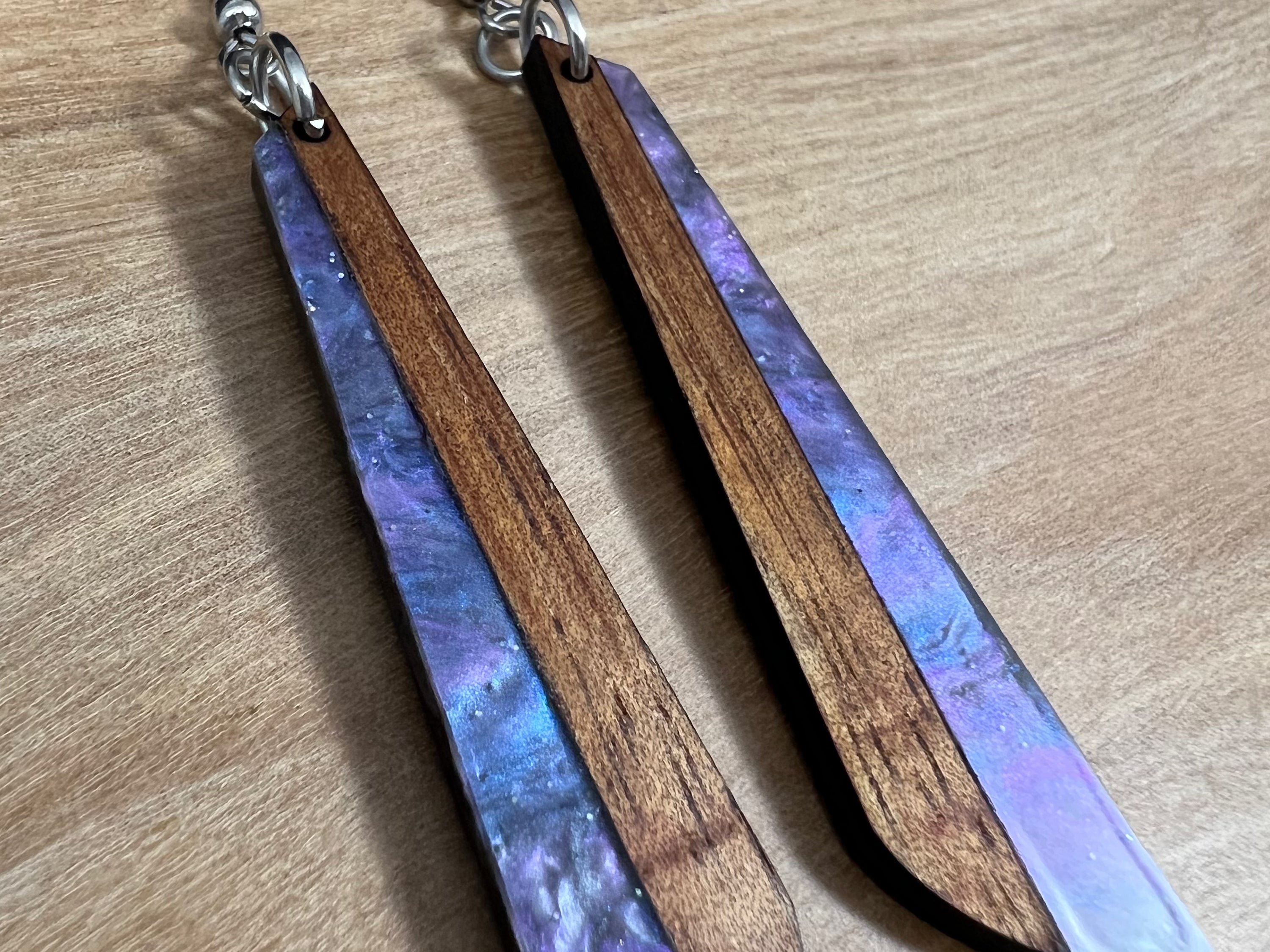 Acrylic and Koa Wood Earrings Purple Starry Sky