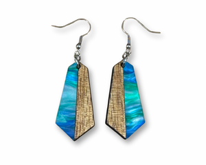 Acrylic and Koa Wood Earrings Lime Blue Pearl