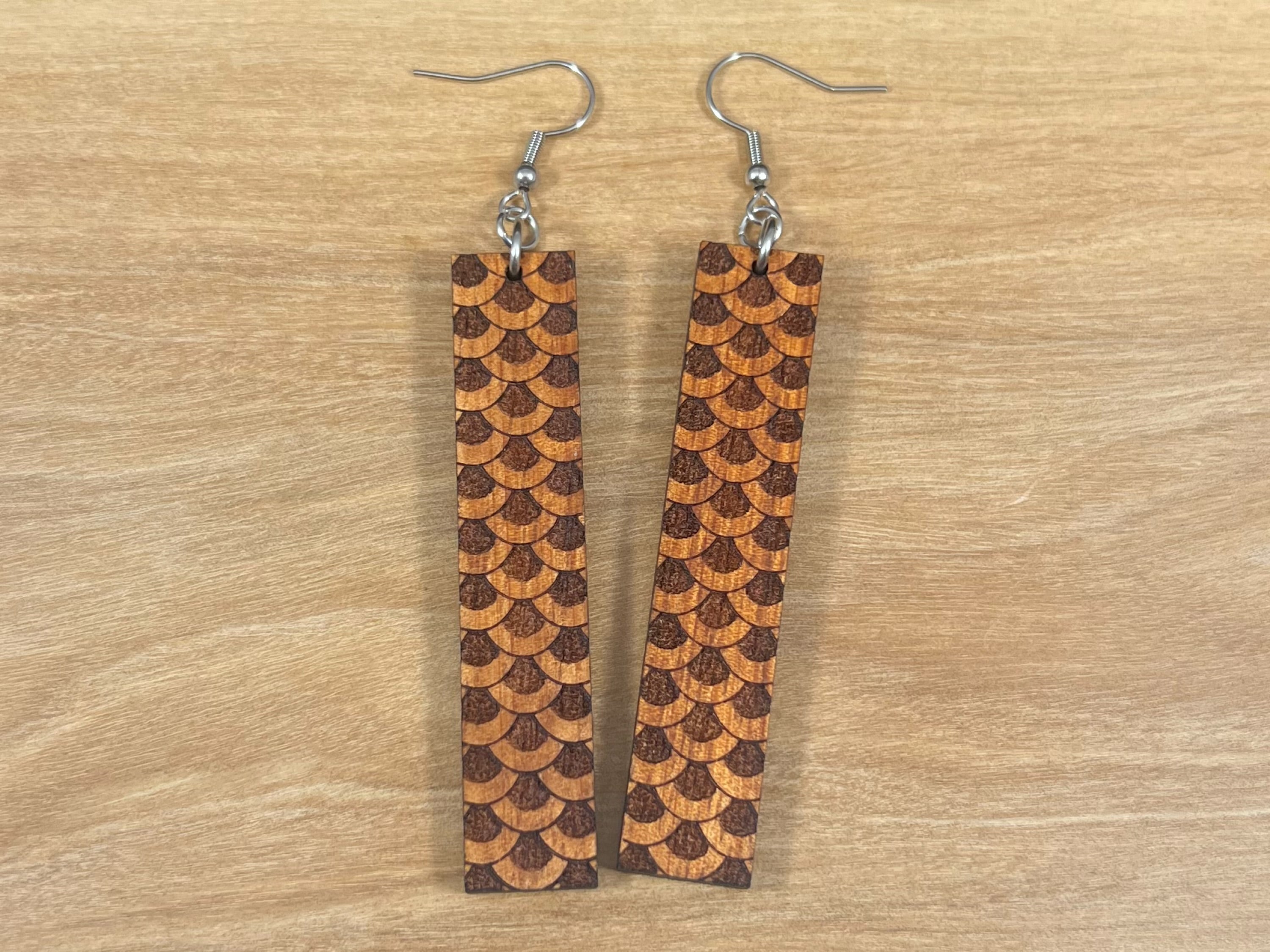 Engraved Koa Fish Scale Earrings