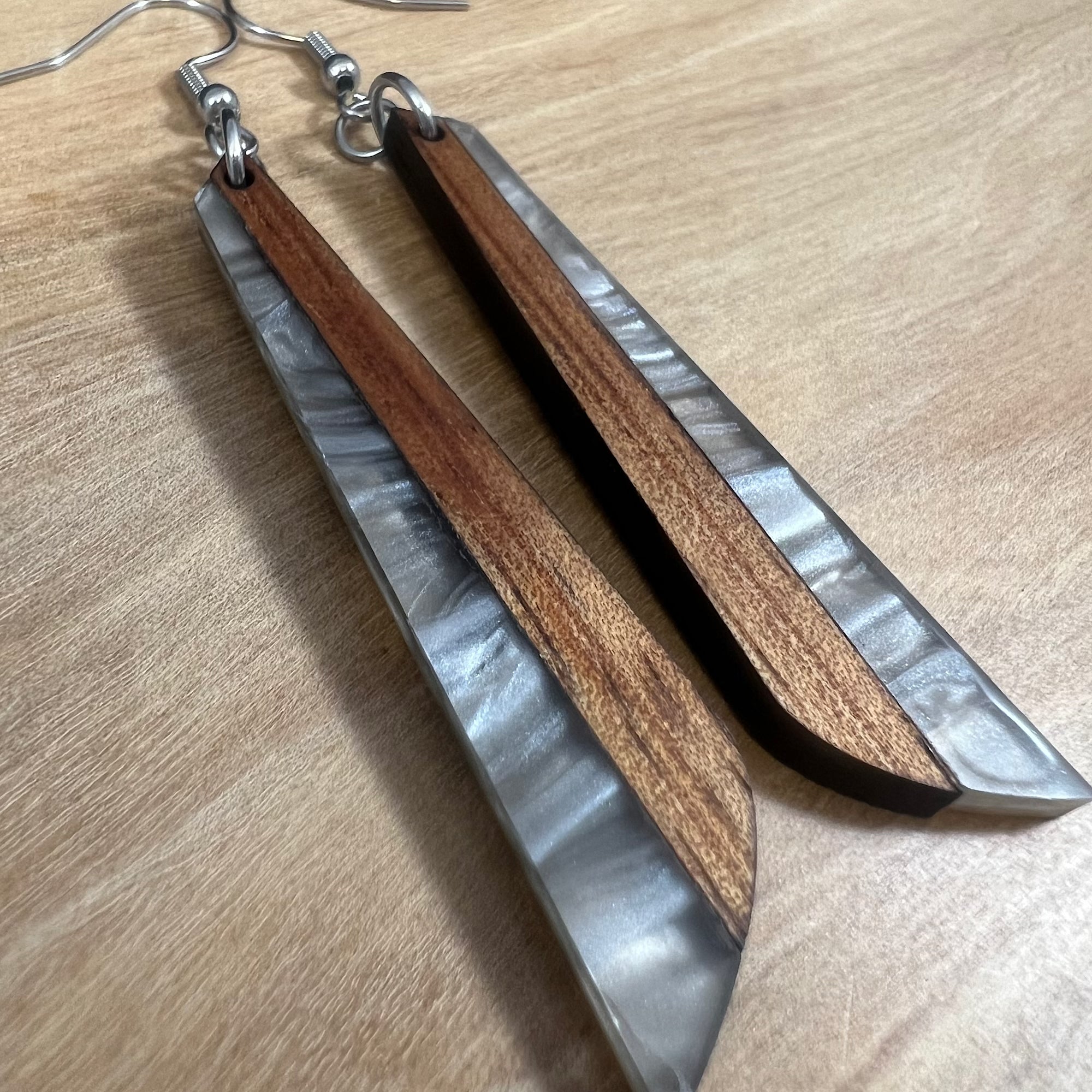 Acrylic and Koa Wood Earrings Gray Pearl