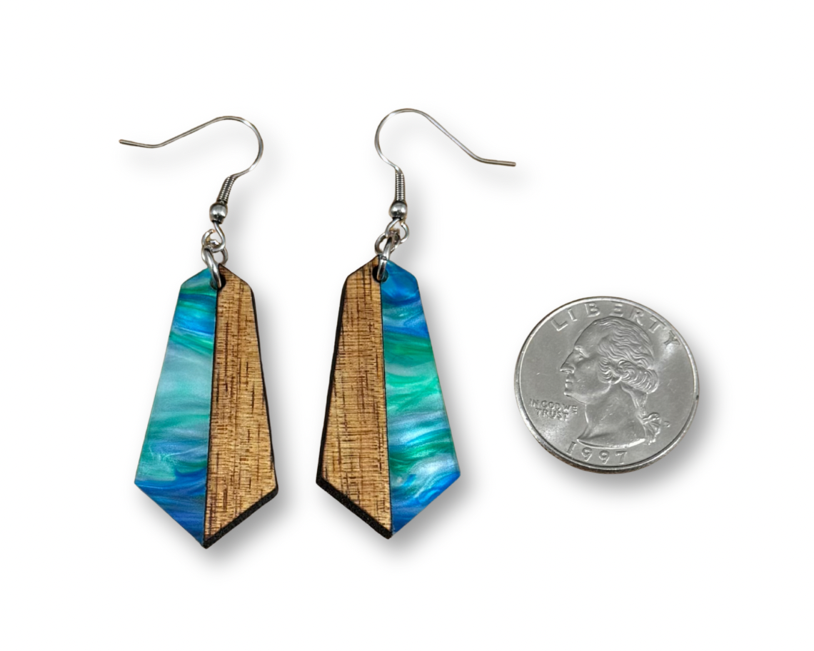 Acrylic and Koa Wood Earrings Lime Blue Pearl