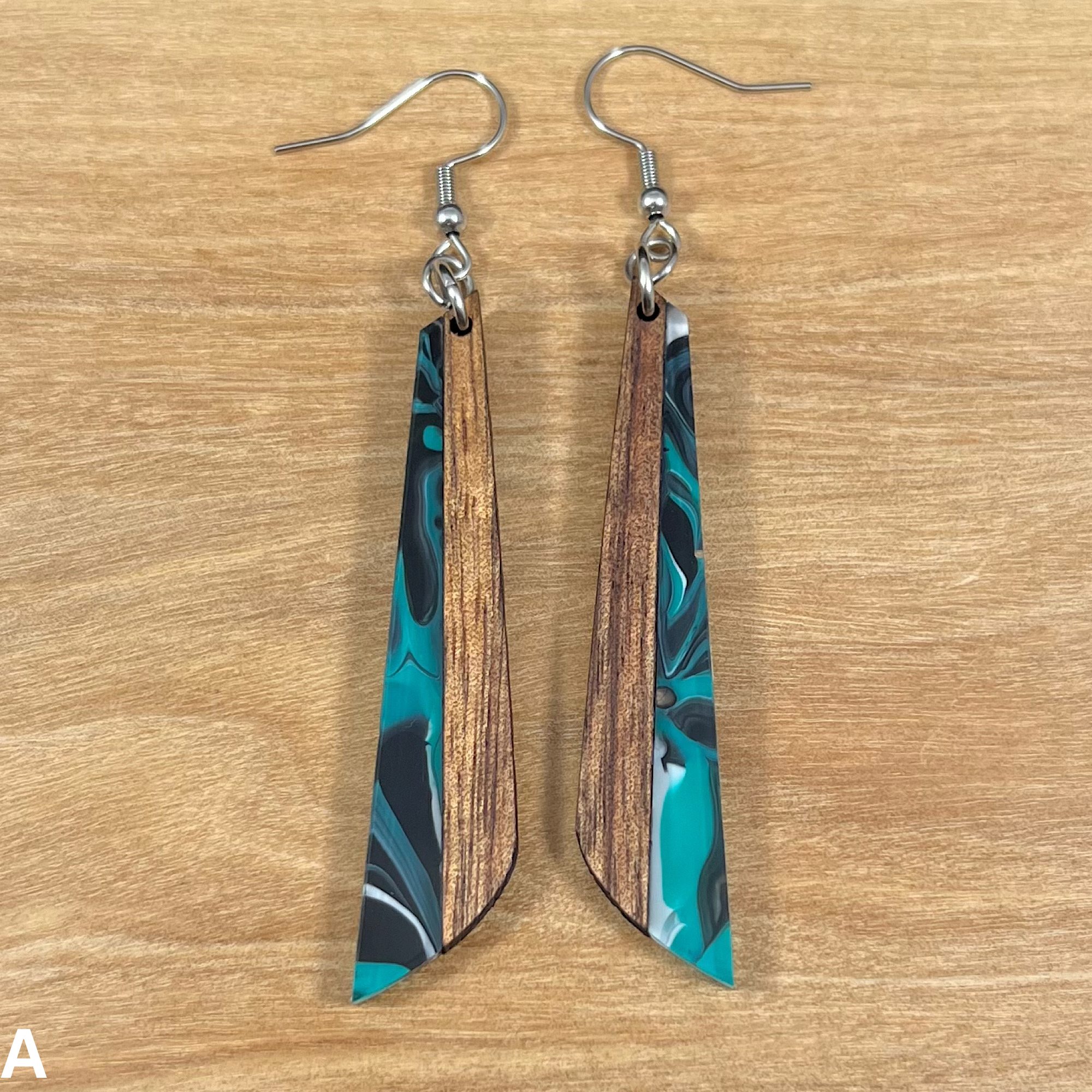 Acrylic and Koa Wood Earrings Teal Swirl