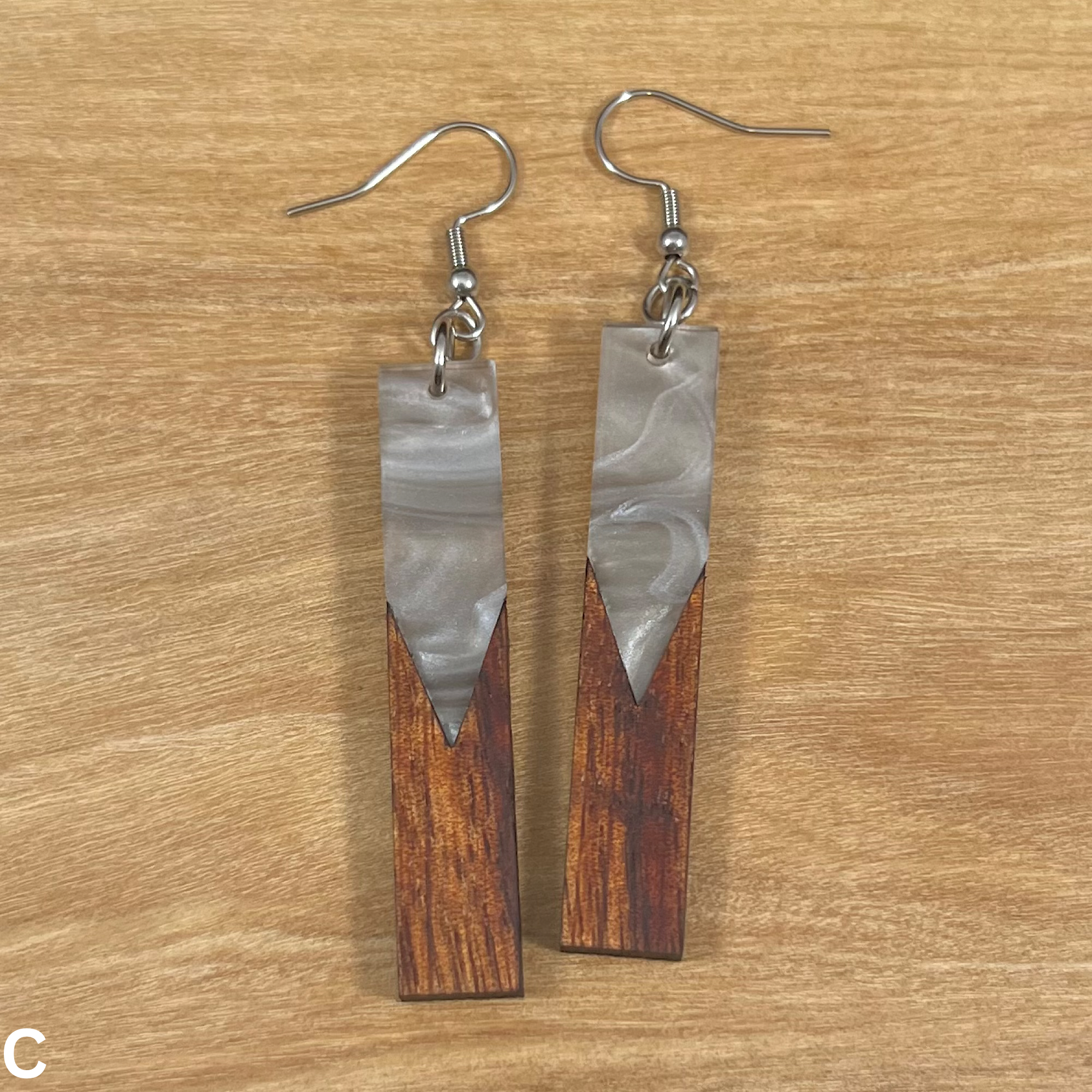 Acrylic and Koa Wood Earrings Gray Pearl