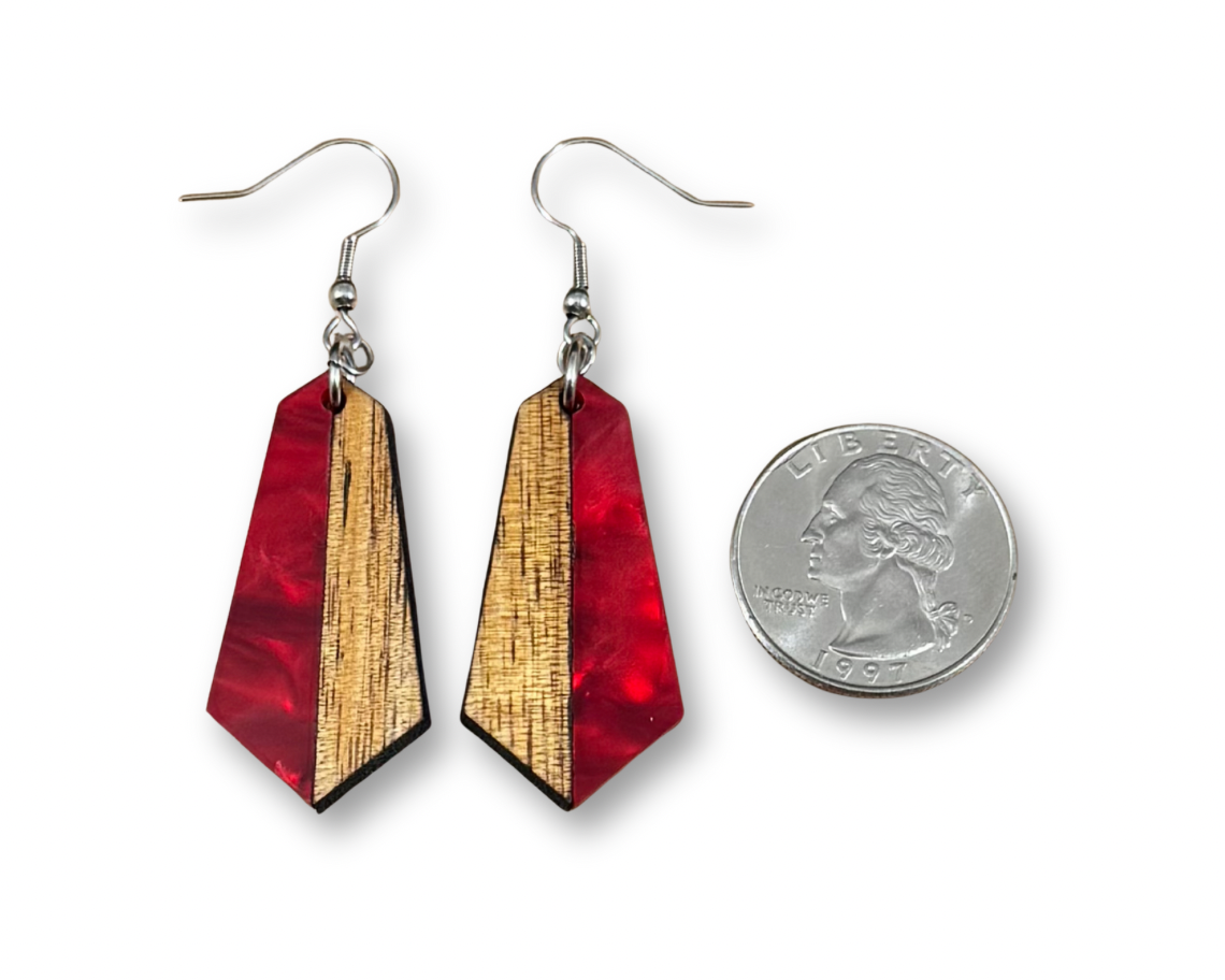 Acrylic and Koa Wood Earrings Red Pearl