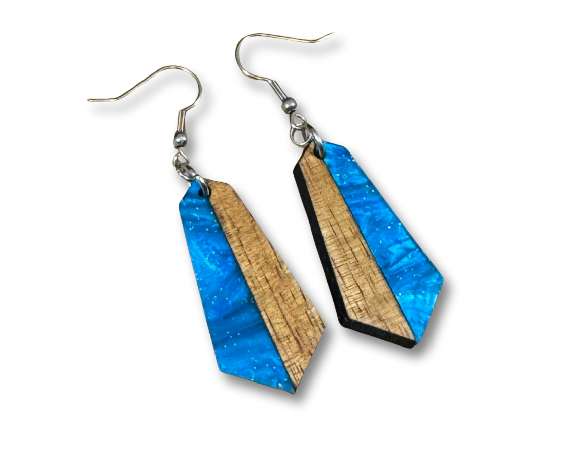 Acrylic and Koa Wood Earrings Cyan Blue Pearl