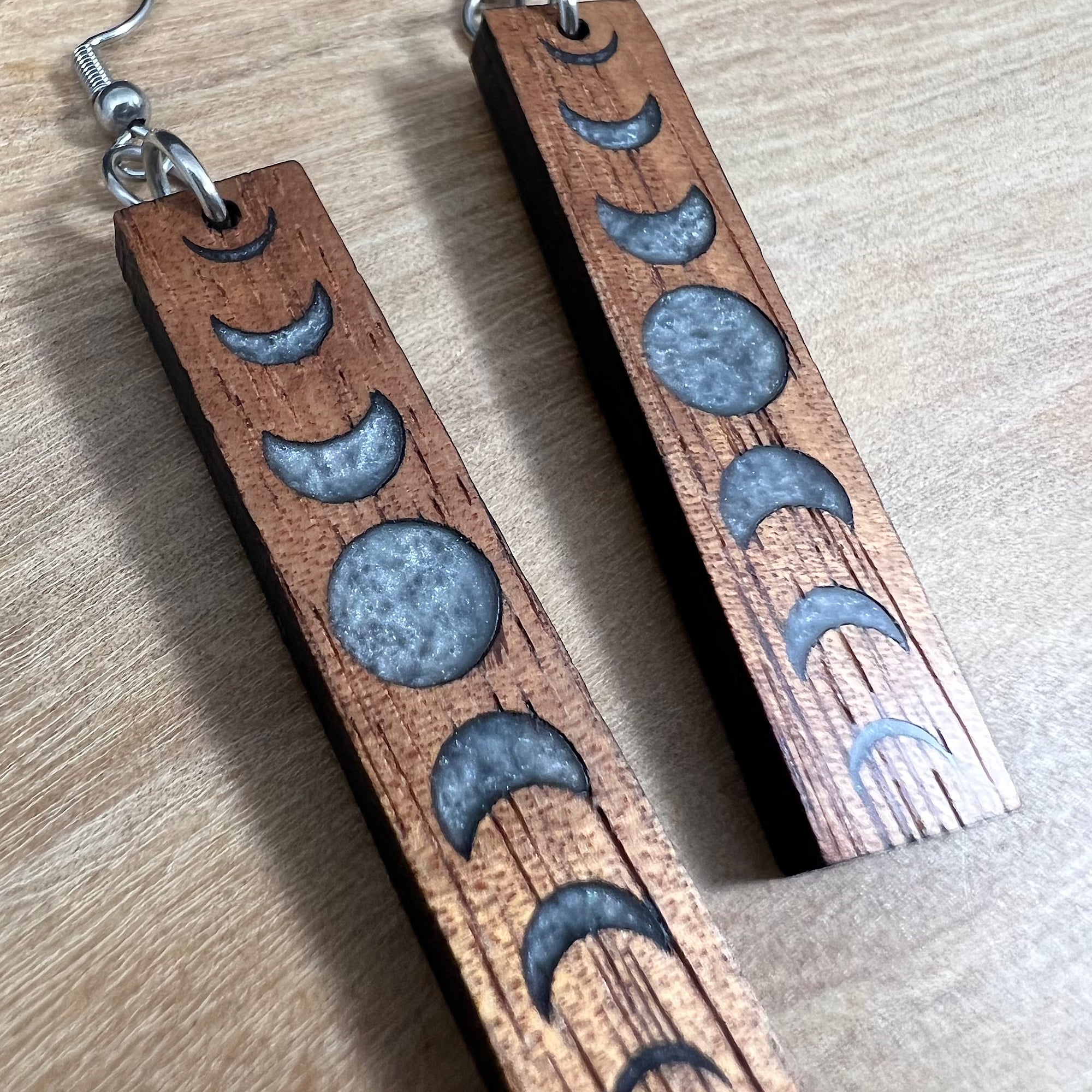 Koa and Resin Moon Phase Earrings (short)