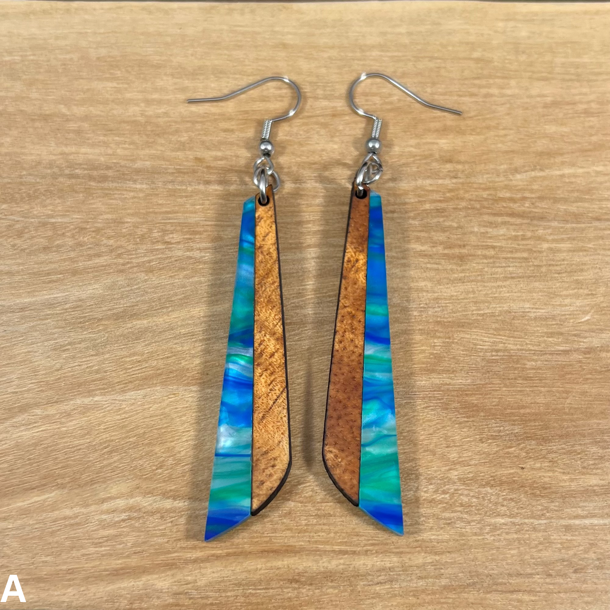 Acrylic and Koa Wood Earrings Lime Blue Pearl