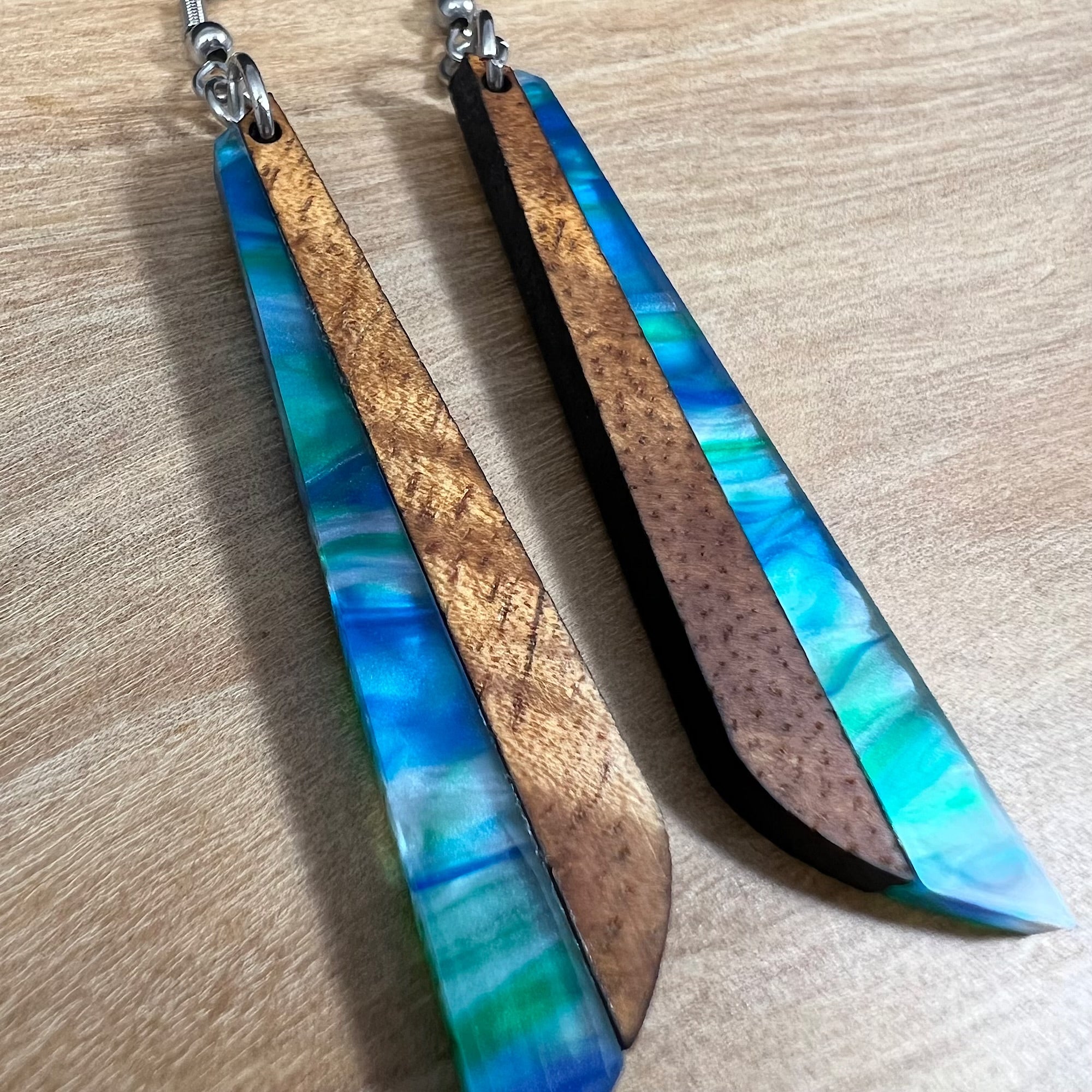 Acrylic and Koa Wood Earrings Lime Blue Pearl