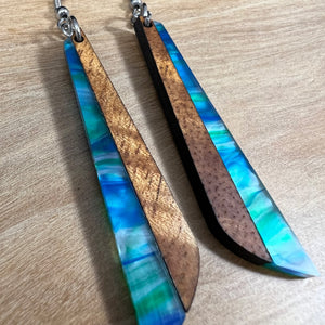 Acrylic and Koa Wood Earrings Lime Blue Pearl