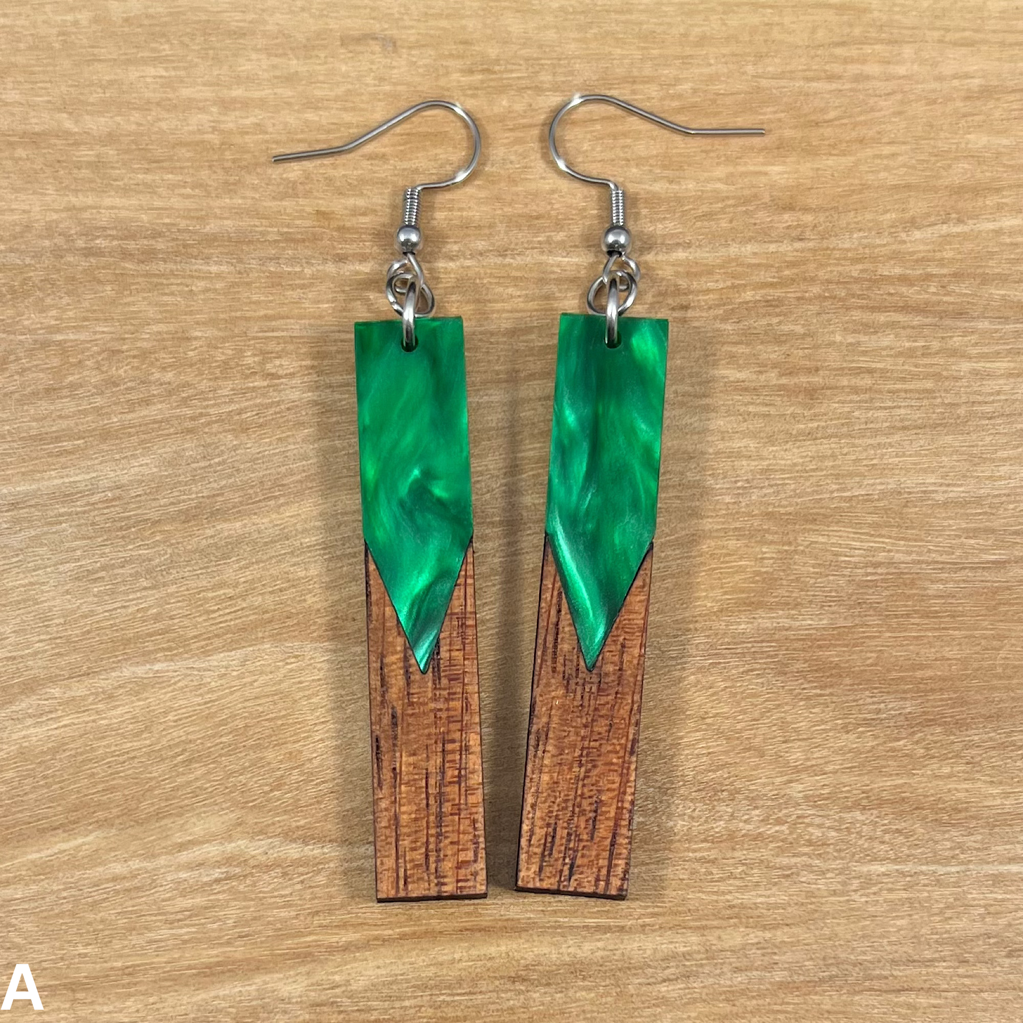 Acrylic and Koa Wood Earrings Green Pearl