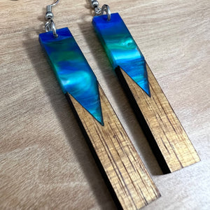 Acrylic and Koa Wood Earrings Lime Blue Pearl