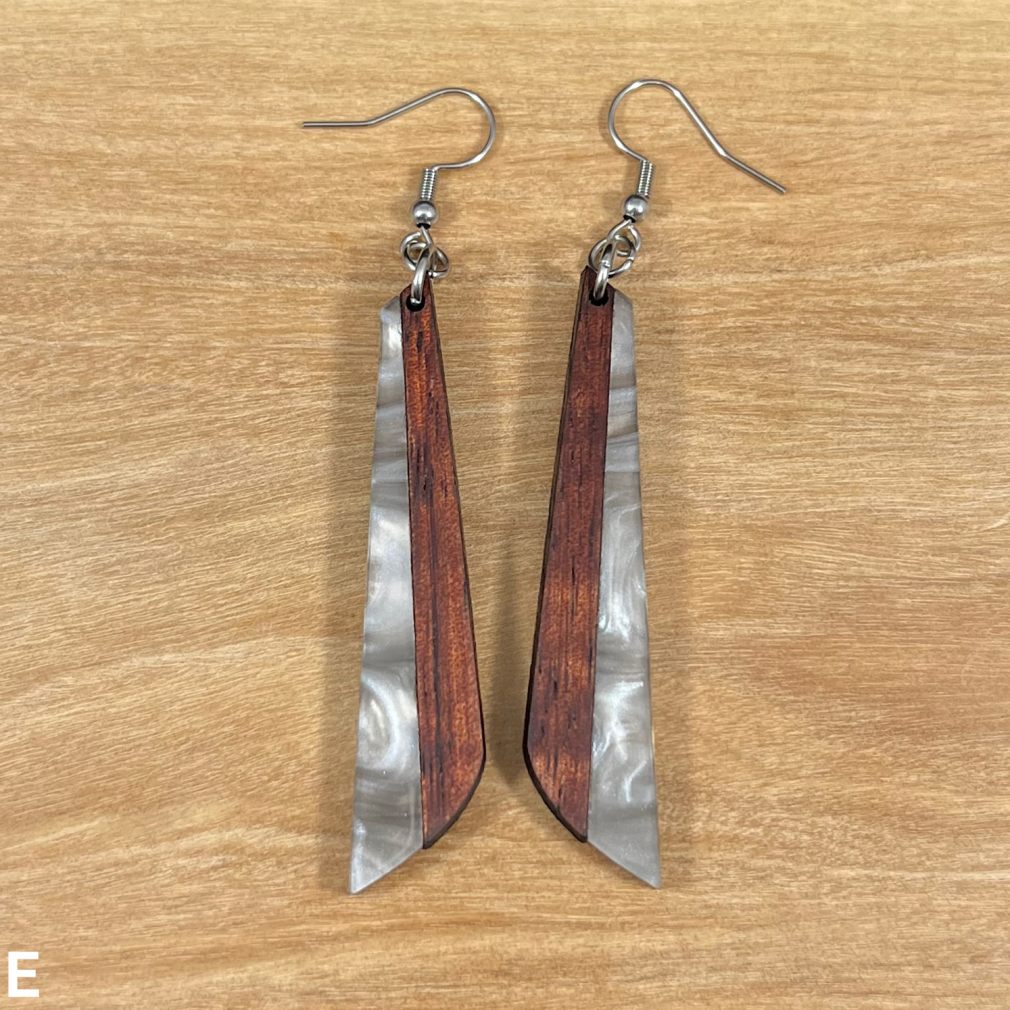 Acrylic and Koa Wood Earrings Gray Pearl