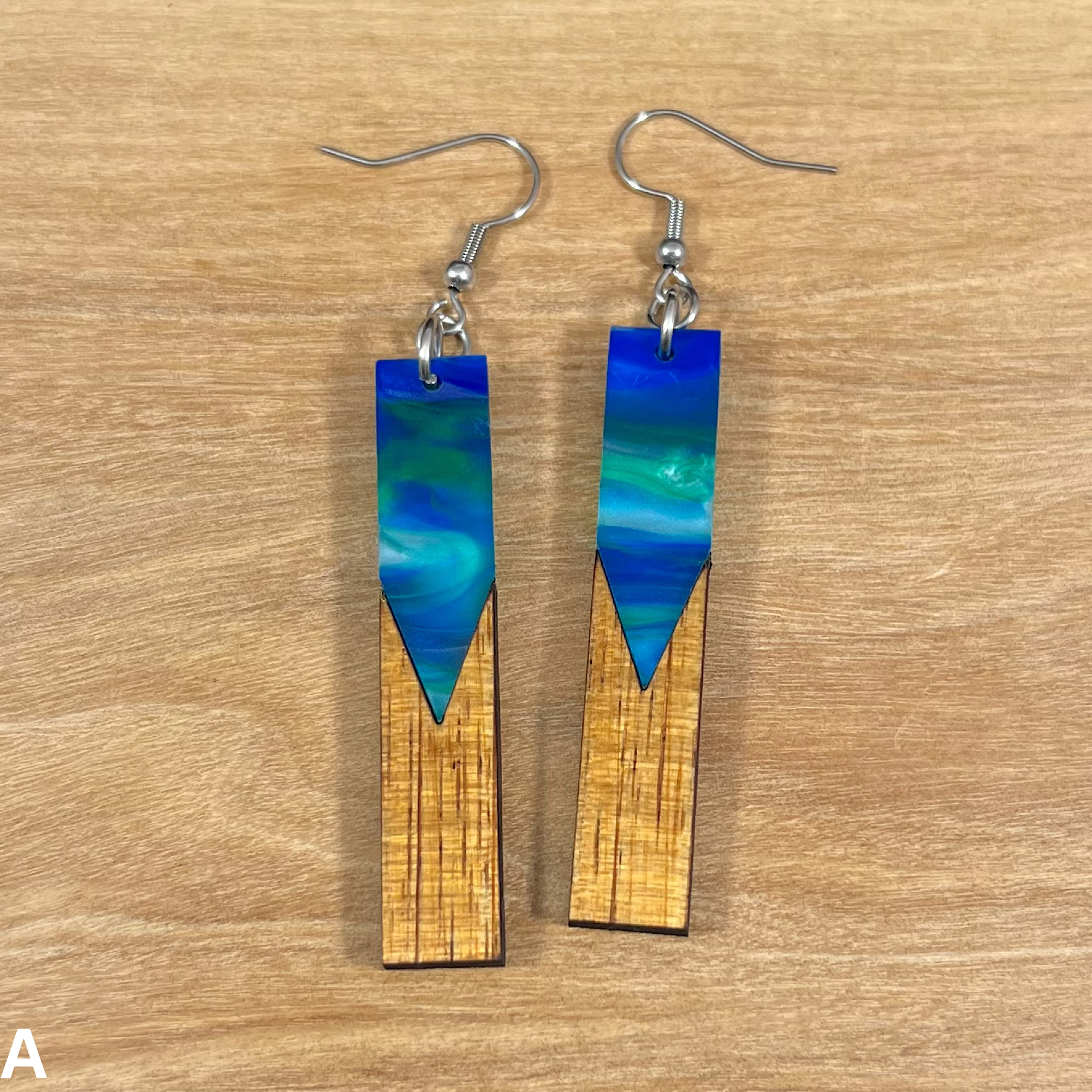 Acrylic and Koa Wood Earrings Lime Blue Pearl