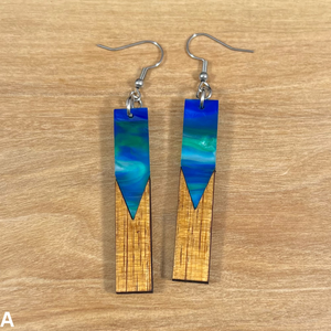 Acrylic and Koa Wood Earrings Lime Blue Pearl