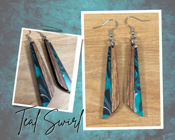 Acrylic and Koa Wood Earrings Teal Swirl