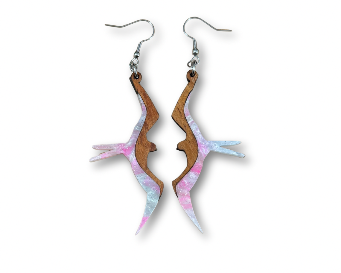 Koa and Acrylic Iwa Bird Earrings