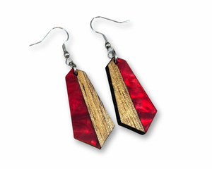 Acrylic and Koa Wood Earrings Red Pearl